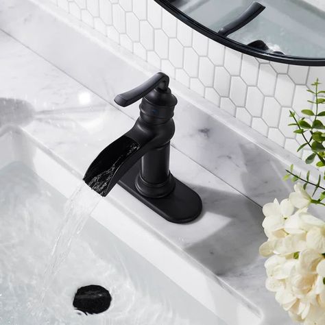 Single Hole Faucet Single-handle Bathroom Faucet with Drain Assembly Corner Sink Bathroom, Black Bathroom Sink, Black Bathroom Faucet, Pedestal Bathroom Sink, Bathroom Faucets Waterfall, Wall Mount Faucet Bathroom, Waterfall Faucet, Single Handle Bathroom Faucet, Single Hole Bathroom Faucet