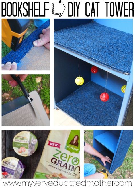 Repurpose an old bookshelf into a cheap and easy, DIY cat tower! #nutrishcatcrafts #ad @nutrishforpets Old Bookshelf, Diy Cat Tower, Cat Projects, Old Bookshelves, Old Bookcase, Diy Cat Tree, Diy Cat Toys, Cat Towers, Cats Diy Projects