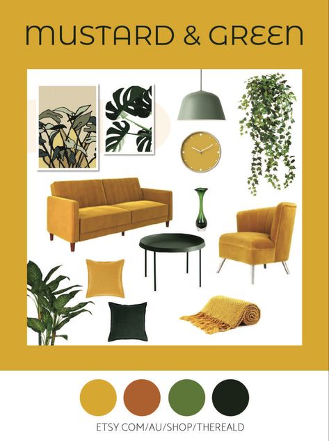 Monstera Printable, Mustard Yellow And Green, Vase Murano, Green Ceiling, Mustard Yellow Decor, Yellow Couch, Mustard Walls, Yellow Cushion, Green Interior Design