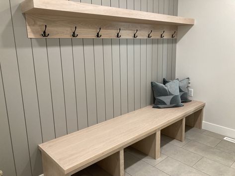 Cubbies With Bench, Mudroom Cubbies With Bench, Costal Farmhouse, Mudroom Hooks, Hall Ways Ideas, Backpack Wall, Basement Garden, Cubby Bench, Door Bench