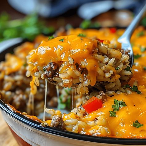 Delicious Cheesy Hamburger Rice Casserole - an easy, hearty meal with beef, rice, and cheese. Perfect for family dinners. Cheesy Hamburger Rice Casserole Recipes, Dinner Recipes For Family Comfort Foods, Cheesy Hamburger Rice Casserole, Cheesy Enchilada Hamburger Helper, Cheeseburger Rice Casserole, Texas Meals, Hamburger And Rice Recipes, Cheesy Hamburger Casserole, Tuna Helper