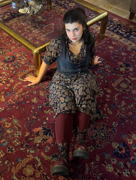 paisley navy and burgundy separates, denim vest, burgundy tights, and burgundy platform doc marten boots outfit Red Docs Outfits, Burgundy Doc Martens Outfit, Platform Docs Outfit, Burgundy Tights Outfit, Platform Doc Martens Outfit, Burgundy Boots Outfit, Platform Docs, Doc Boots, Platform Boots Outfit