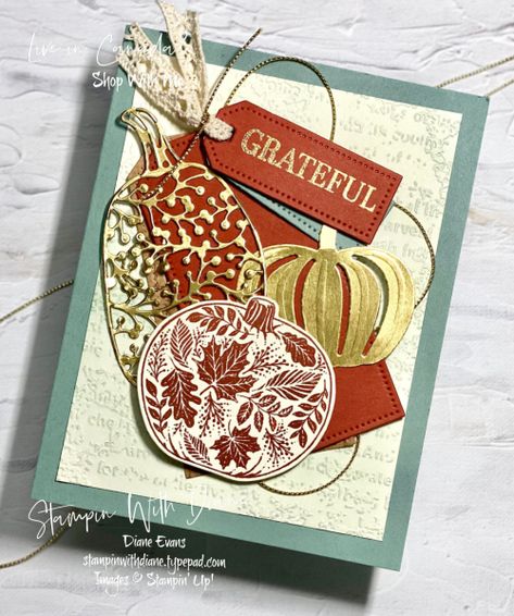 Stampin Up Pretty Pumpkins, Thank U Cards, Fall Paper Crafts, Thanksgiving Cards Handmade, Fall Greeting Cards, Pretty Pumpkins, Pumpkin Cards, Autumn Cards, Fall And Thanksgiving