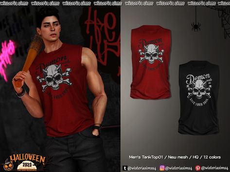 The Sims Resource - Halloween 2023 - Men's TankTop 01 Sims 4 Goth Clothes Male, Sims 4 Cc Tank Top Male, Sims 4 Cc Goth Male, Sims 4 Cc Goth, Goth Male, Sims Dress, Sims 4 Men Clothing, Male Crop Top, Halloween City