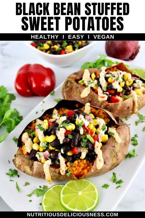 These Black Bean Stuffed Sweet Potatoes are tender, fluffy, and filled with savory Southwest flavors. They're drizzled with a homemade chipotle sauce that adds a smoky kick and creamy texture to each bite. Black Bean Stuffed Sweet Potato, Stuffed Sweet Potato, Homemade Chipotle, Vegan Black Bean, Sweet Potato Skins, Sweet Potato Black Beans, Stuffed Sweet Potato Healthy, Low Carb Vegetarian, Vegan Sweet Potato