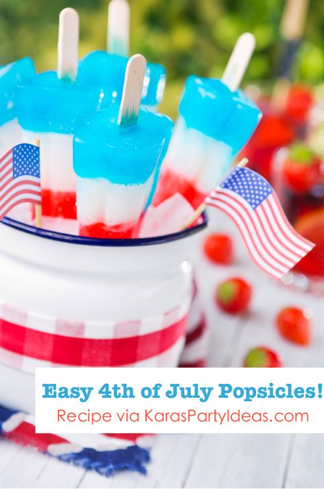 Easy 4th of July layered homemade popsicles! Recipe found on Kara's Party Ideas KarasPartyIdesa.com #4th #july #popsicle #bbq #treat #recipe Blue Popsicles, Easy Popsicle Recipes, Easy Popsicles, Popsicles Recipe, Fourth Of July Party, Fresh Fruit Recipes, Homemade Popsicles, Fourth Of July Food, Popsicle Recipes