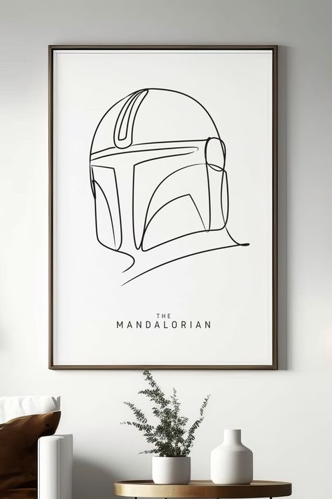 🖼️ An elegant minimalistic illustration of The Mandalorian from Star Wars, perfect for any movie lover wanting to add a touch of modern elegance to there home decor. Mandalorian Minimalist, Star Wars Line Art, The Mandalorian Poster, Wall Line Art, Mandalorian Poster, Minimalistic Illustration, Star Wars Decor, Line Art Tattoos, Art Line