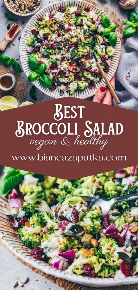 This best broccoli salad recipe is my favorite easy vegan cookout side dish! It’s delicious, healthy, naturally gluten-free, and topped with a light dairy-free yogurt dressing (contains no mayo and no refined sugar). Perfect for lunch, dinner or any time you need some vitamins in your life! Broccoli Salad Gluten Free, Gluten Free Dairy Free Salads Recipes, Dairy Free Salads Recipes, Salads Recipes Gluten Free, Broccoli Salad Recipes Healthy, Lactose Free Salads, Vegan Potluck Salad, Nut Free Salad Recipes, Gf Salads Gluten Free