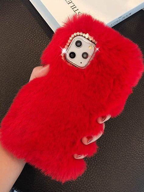 Red    Faux Fur  Phone Cases Embellished   Phone/Pad Accessories Fluffy Phone Cases, Rhinestone Decor, Winter Gift, Pink Brand, Cute Cases, Cute Phone Cases, Rabbit Fur, Iphone Models, Iphone Phone Cases