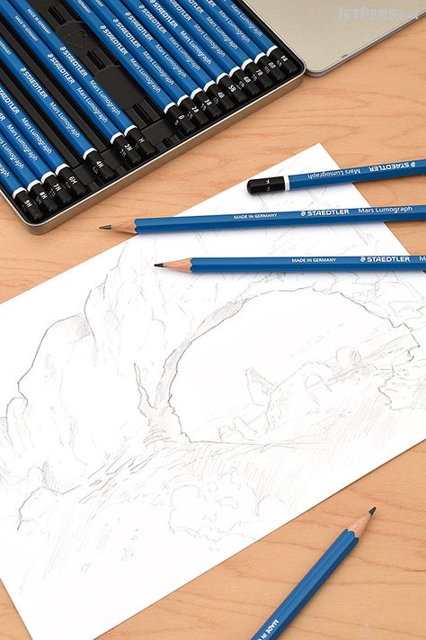 Staedtler Mars Lumograph Pencils now come in assorted lead grade tin sets. See how they perform in our Guide to Drawing Pencils. Staedtler Pencil, Drawing Pencils, Hd Pic, Study Stationery, New Pen, What To Draw, Classy Cars, Graphite Pencils, Jet Pens