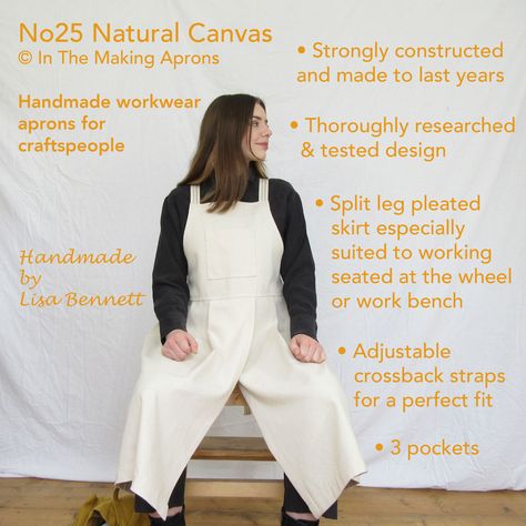 Model is seated with each side of the pleated skirt draped over her legs. Text describbes key features Potters Apron, Pottery Apron, Split Leg Apron, Apron Pattern Free, Artist Smock, Canvas Apron, Apron Patterns, Pinafore Apron, Craft Apron