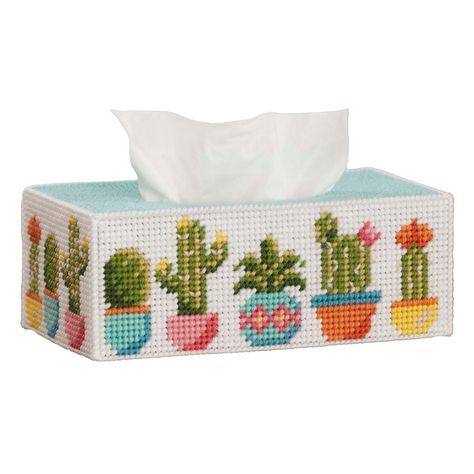 Colorful Plant Pots, Plastic Canvas Tissue Box Cover, Plastic Canvas Box Patterns, Colorful Plant, Cactus Cross Stitch, Christmas Lights Garland, Kleenex Box Cover, Potted Succulents, Plastic Canvas Coasters