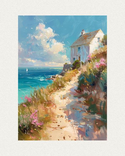 Discover the tranquility of the English countryside with our 'Pastel Coastal Cottage' poster. Featuring a serene coastal scene with a charming house by the sea in beautiful pastel colors, this art print is created using eco-friendly water-based inks on high-quality paper. Available in various sizes, perfect for adding coastal charm to any room. Watercolour English Countryside, English Coast, Farm Paintings, Cottage Painting, Eco Friendly Art, Quaint Cottage, Coastal Painting, Artwork Ideas, House By The Sea