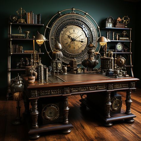 Steampunk Interior Design, Steampunk Office, Writer's Office, Steampunk Rooms, Steampunk Interior, Steampunk Furniture, Steampunk House, Fantasy Rooms, Around The World In 80 Days