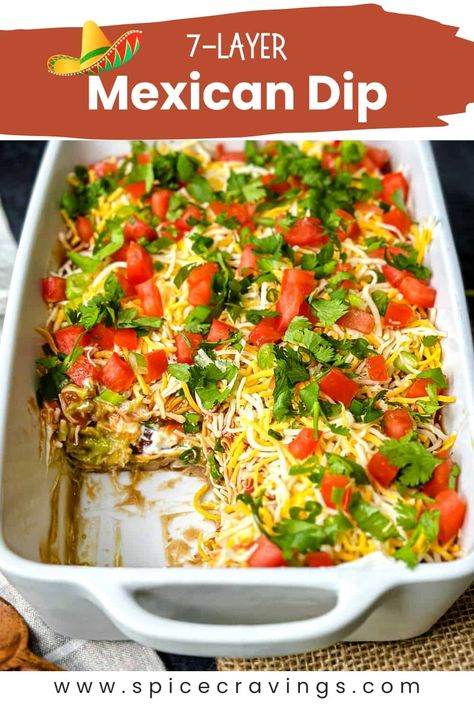 Quick and easy recipe for a crowd-pleasing Layered Mexican Dip, with colorful and delicious layers of refried beans, guacamole, sour cream, salsa, cheese, tomato, and cilantro. #mexicandip #dips #appetizers Mexican Layer Dip Recipe, Layered Mexican Dip, 7 Layer Mexican Dip, Easy Crowd Meals, Mexican Bean Dip, Mexican Dip Recipes, Mexican Layer Dip, Corn Recipes Side Dishes, Mexican Dip