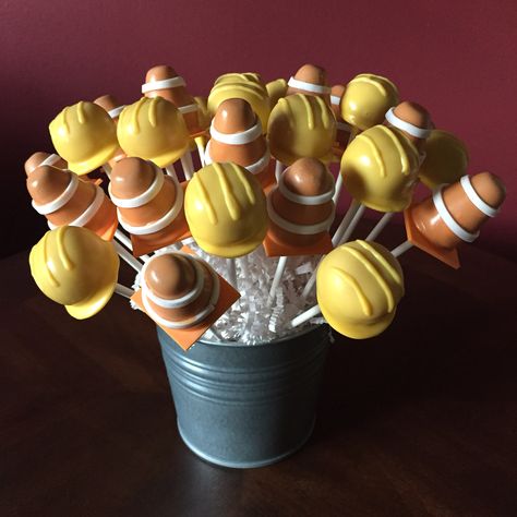 Construction Sweet Table, Pizza Construction Party, Construction Theme Candy Table, Construction Party Cake Pops, Construction Pretzel Rods, Construction Themed Desserts, Construction Party Desserts, Construction Birthday Cake Pops, Construction Fruit Tray