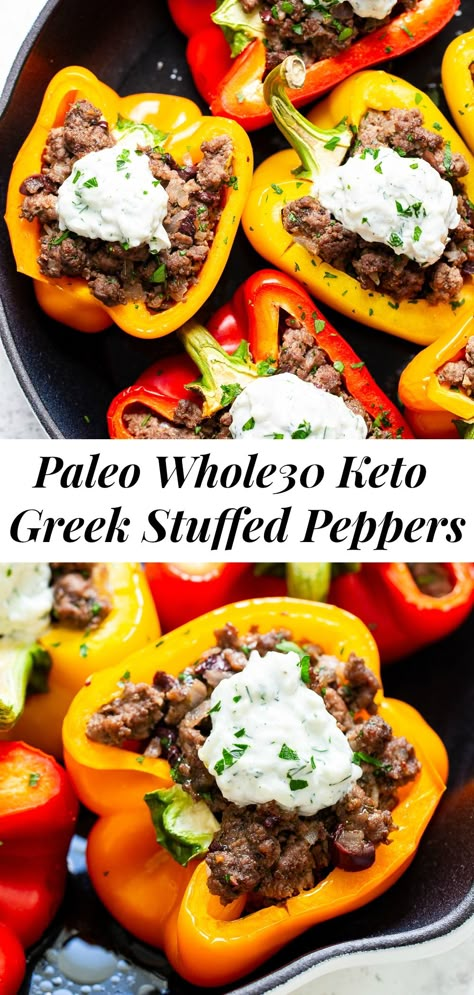 These flavor-packed Greek Stuffed Peppers have a savory beef or lamb mixture baked inside bell peppers and topped with a dairy-free tzatziki sauce.They’re easy to throw together and can be made ahead of time as well!  Paleo, Whole30, and Keto. #whole30recipes #whole30 #paleo #cleaneating #stuffedpeppers #paleorecipes Paleo Stuffed Peppers, Greek Stuffed Peppers, Paleo Beef Recipes, Keto Stuffed Peppers, Greek Gyros, Candida Recipes, Whole30 Dinner Recipes, Whole30 Keto, Bell Pepper Recipes