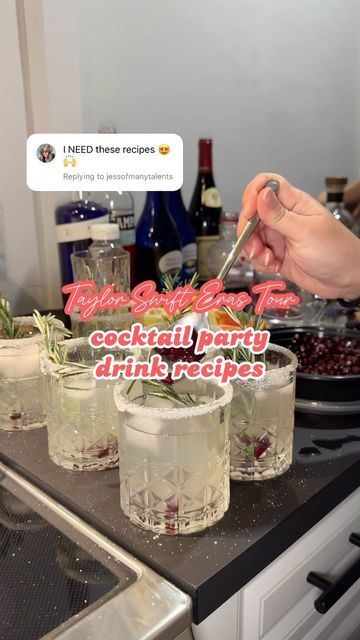 fan girl stef ✌🏼 on Instagram: "All the recipes from our @taylorswift eras tour cocktail party 🥂💗✨🫶 @taylornation #taylorswift #taylorswifterastour #erastour #taylorswiftparty #erastourtaylorswift #cocktailparty #cocktailrecipe #cocktailrecipes #taylornation @maliburumus @campariofficial @empress1908gin @titosvodka @espolontequilaofficial @bottegavenetaworld" Taylor Swift Debut Drinks, Eras Tour Drink Ideas, Taylor Swift Eras Drinks, Taylor Swift Eras Cocktails, Eras Tour Cocktails, Taylor Swift Drinks Non Alcoholic, Eras Tour Drinks, Eras Drinks, Taylor Swift Charcuterie Board Ideas