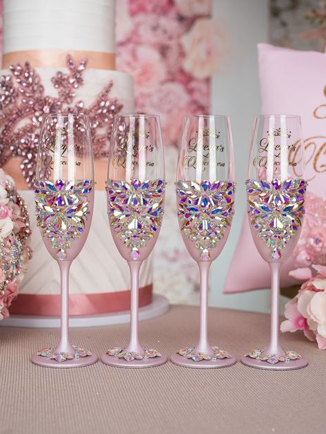 Make Your Quinceañera Celebration unique with Pink Iridescent Champagne Bottle and 4 Glasses Set - Ready to Be Filled with Joy, Best Quince Memories, and New Beginnings! Raise a toast to your journey to adulthood with a beautifully personalized Champagne Bottle and 4 Glasses, customized just for You. Set includes:~ bottle (empty) ~ 4 glasses.All the items are hand-made.Can be personalized with name and date of your celebration.We can decorate this set with any color or text you want. Quinceanera Glasses, Quince Glasses, Quince Cups, Quinceanera Champagne Glasses, Quinceanera Champagne, Bedazzled Bottles, Bedazzled Bottle, Money Card Box, Hello Kitty Theme Party