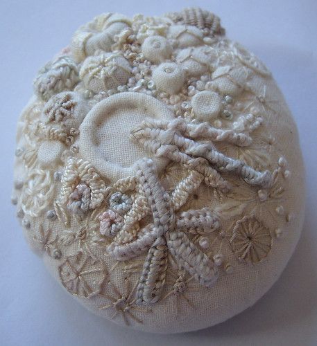 Encrusted Pebble - top | Encrusted calico pebble inspired by… | Flickr Stitch Cup, Beads Rings, Abstract Embroidery, Needlework Embroidery, French Knots, Slow Stitching, Chatelaine, Star Stitch, Hand Embroidery Patterns