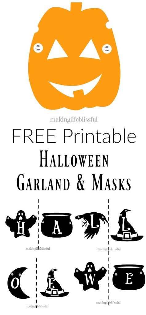 free printable halloween garland sign and masks Halloween Banner Free Printable, Happy Halloween Printable, Printable Halloween Masks, Halloween Theme Birthday, Printable Halloween Decorations, Elementary Librarian, Garland Making, Black And White Halloween, Halloween Invite