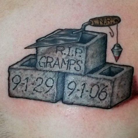 Stonemason Male Grandpa Rip Tattoo On Chest Grandpa Tattoo For Men, Bricklayer Tattoo, R.i.p Tattoos For Grandma, Grandpa Tattoo Ideas, Rip Grandpa Tattoo, Grandpa Tattoos, Manu Tattoo, Rip Grandpa, Pop Tattoo