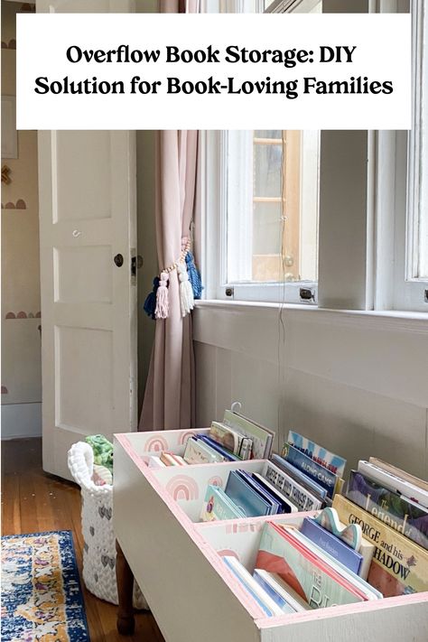 Overflow books stored in a pink wooden bin in a cozy corner by a window with pink curtains. Girls Room Book Storage, Toddler Book Storage Ideas, Diy Kids Book Storage, Book Storage Ideas Kids, Organize Kids Books, Storing Kids Books, Bedroom Book Storage, Kids Book Storage Ideas, Diy Book Storage