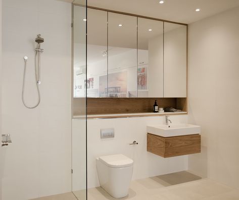 bathroom minimalist toilet wall mirror cabinets: very spacious because the ceiling seems to b Small Bath Mirror Cabinet, Mirror Over Vanity And Toilet, Bathroom Vanity Nook, Vanity Over Toilet, Toilet Next To Vanity, Mirror Over Toilet, Bathroom Mirror Cabinet Ideas, Bathroom Door Mirror, Toilet Mirror Cabinet