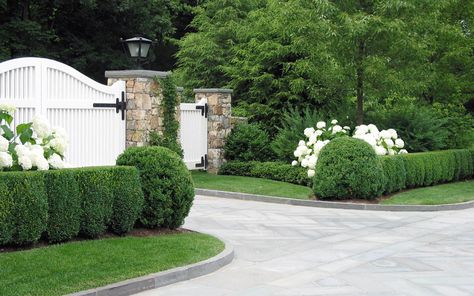 Classic Colonial Farmhouse Gates Driveway, Acreage Landscaping Driveway Entrance, Front Gate Entrance Driveway, Landscaping Driveway Entrance, Driveway Entrance Curb Appeal, Herringbone Driveway, Hydrangea Boxwood, Wood Driveway, Gate Driveway