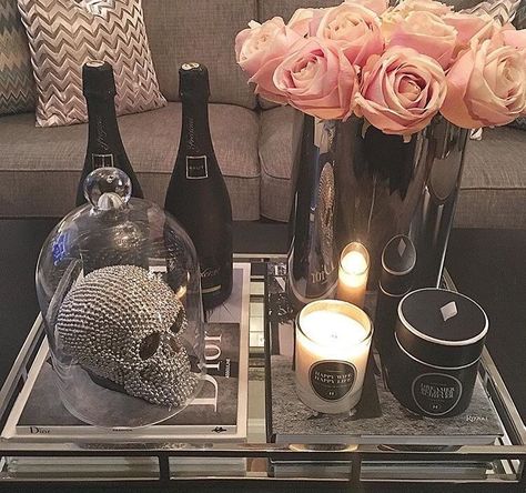 Goth Glam Decor, Gothic Coffee Table, Gothic Glam Decor, Goth Living Room, Skull Bedroom, Gothic Living Room, Halloween Living Room, Glam Bedroom, Glam Living Room