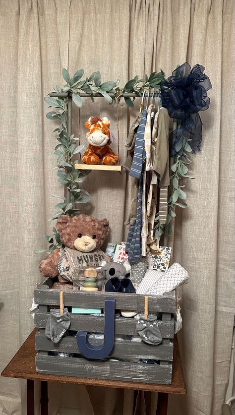 Baby shower gift crate Baby Shower Wagon Gift Basket, Diy Boy Baby Shower Gifts, Baby Boy Crate Gift Ideas, Baby Crate Gift Ideas Boy, Baby Shower Gift For Boys, Diy Baby Closet Crate, Baby Shower Closet Crate, Baby Shower Crate Gift Basket For Boy, Baby Shower Wooden Crate Gift