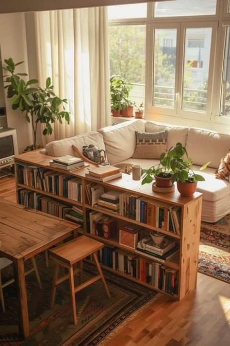 Living Room Designs Bookshelves, Living With Dining Room Ideas, Small Living Room With Kitchen Ideas, Small Living Room And Dining Room Ideas, Small Living Room Dining Room Ideas, Small Living Kitchen Combo, Desk Dining Table Combo, Small Places Decor, Small Living Area Ideas