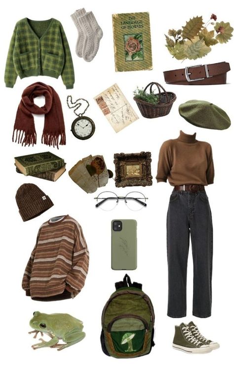 Book Core Aesthetic Outfits, Frog And Toad Aesthetic Outfits, Forest Academia Outfit, Earth Tone Aesthetic Fashion, Cabincore Aesthetic Outfits, Forestcore Aesthetic Outfit, Green Academia Outfit, Forest Core Outfits, Gremlincore Aesthetic