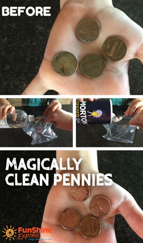 “Find a penny, pick it up. All day long you’ll have good luck!” Invite children to help you make a magic solution to turn tarnished pennies shiny again! Penny Crafts Diy Ideas, How To Clean Pennies Diy, Clean Pennies, Pennies Crafts, Cleaning Pennies, Cleaning Coins, Penny Craft, How To Clean Coins, How To Clean Pennies