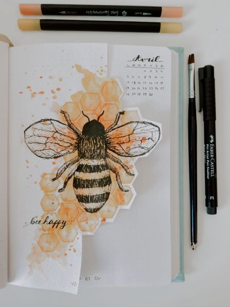 Bees Journal Ideas, Honey Bee Journal Ideas, Bee Themed Outfit Aesthetic, Black Journal Ideas, Bee Bullet Journal, Art Bullet Journal, Bullet Journal Contents, Bullet Journal Titles, Honey Art