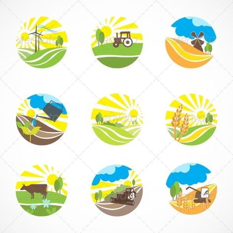 Decorative agriculture and farming landscape icons set isolated vector illustration. Editable EPS and Render in JPG format Farming Landscape, Design Scrapbook, Farm Scenes, Icon Sets, Flat Icons Set, Farm Logo, Farm Scene, Golden Ratio, Web Icons