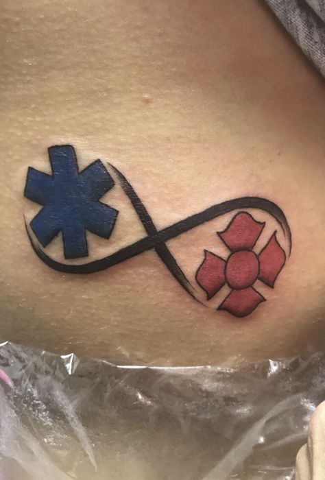 Medic/Firefighter tattoo Fire Medic Tattoo, Firefighter Paramedic Tattoo, Firefighter Emt Tattoo, Firefighter Tattoos For Women, Firefighter Mom Tattoo, Simple Firefighter Tattoo, First Responder Tattoo Ideas, Ems Tattoos Female, Emt Tattoo For Women