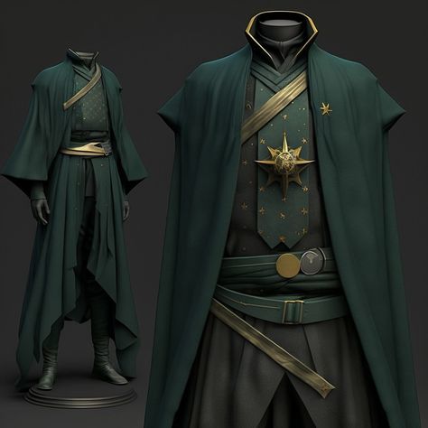 Green Fantasy Robes Male, Dnd Outfit Design Male, Fantasy Servant Outfit Male, Green And Gold Outfit Men, Asgardian Outfit Male, Fantasy Male Attire, Green And Gold Fantasy Outfit Male, Fantasy Tailcoat, Fantasy Fancy Clothes Male