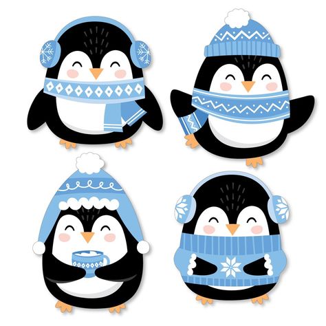 Winter Penguins Shaped Cut Outs INCLUDES 24 Penguin with Blue Scarf and Hat shape cut outs - Great for bringing all your DIY Holiday or Christmas Party ideas to life! DIY PARTY SUPPLIES: Winter Penguins shaped cut outs include 24 paper die cuts in four different shapes that coordinate with the Winter Penguins party theme. Set of 24 Blue shapes SIZE 6 - Penguin Shape 1 Paper Die Cuts (2.5” x 2.5”), 6 - Penguin Shape 2 Paper Die Cuts (2.75” x 3”), 6 - Penguin Shape 3 Paper Die Cuts (2.25” x 3”) an Penguin Party Theme, Blue Party Decorations, Penguin Decor, Penguin Party, Mini Bunting, Holiday Christmas Party, Diy Party Supplies, Party Essentials, Decoration Party