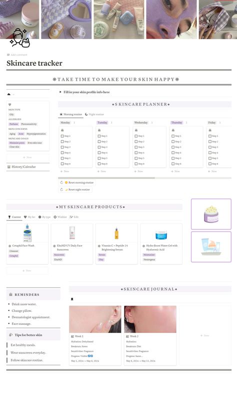 #Tracker_Aesthetic #Skincare_Tracker #Skincare_Steps #Notion_Ideas Green Notion Template, Notion Template Ideas Personal, Skin Care Tracker, Skin Care Planner, Tracker Aesthetic, Skincare Tracker, School Notion, Skincare Planner, School Planner Template