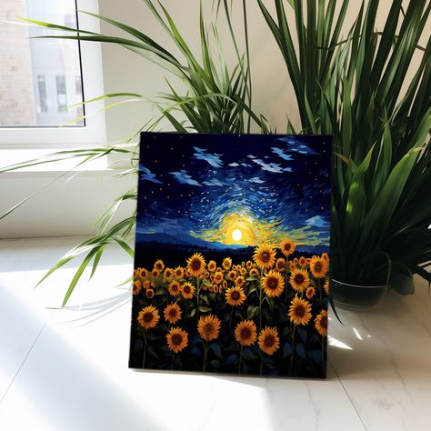 Sunflowers Field Starry Night inspired by Vincent Van Gogh | PRINTABLE Digital Downloadable Print | Colorful Journeys art 1-126 . . . #vangoghstarrynight #vangogh #vincentvangogh #art #artgallery #etsy #etsyshop #etsyseller #oilpainting #sunflowers #sunflowers #colorfuljourneys #vintagestyle #starrynight #starry Journeys Art, Van Gogh Printable, Sunflowers Field, Sunflower Artwork, Starry Night Painting, Art Painting Tools, Easy Canvas, Easy Canvas Art, Sunflower Field