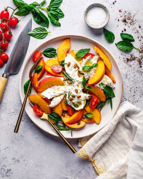 This peach burrata salad is one of the simplest, best ways to use this seasonal fruit! Juicy ripe peaches, creamy rich cheese, fresh basil, and a drizzle of olive oil and vinegar make each bite a masterpiece. This one is a must-make summer recipe! #peachsalad #burratasalad #peachburratasalad #summersalad #summersaladrecipe #summerrecipe #summer #peachrecipe Peach Burrata Salad, Peach Burrata, Burrata Salad, Burrata Cheese, Seasonal Fruit, Peach Salad, Balsamic Reduction, Summer Recipe, Olive Oil And Vinegar