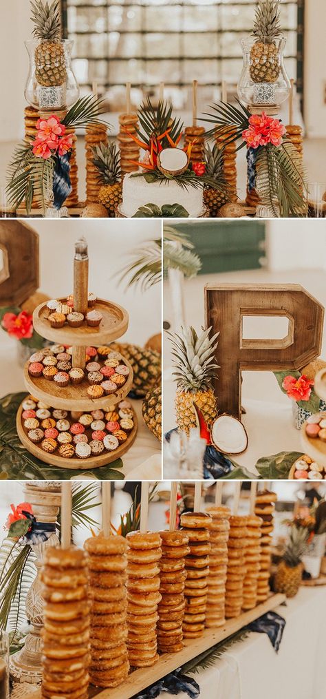 Pineapples, coconuts, and hibiscus flowers came together for a bright and tropical dessert table | Image by Nicole Kirshner Photography Trendy Desserts, Diy Island, Hibiscus Wedding, Desserts Table, Tropical Desserts, Wedding Flowers Roses, Beach Wedding Flowers, Unique Wedding Flowers, Wedding Dessert Table