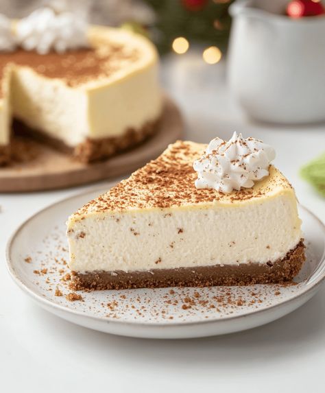 creamy, spiced eggnog cheesecake with a graham cracker crust—perfect for holiday celebrations and festive gatherings. Eggnog Cheesecake Recipe, Eggnog Recipes, Cheesecake With Whipped Cream, Spiced Eggnog, Vanilla Wafer Crust, Creamy Eggnog, Eggnog Cheesecake, Slow Cooker Recipes Dessert, Cheesecake Lovers