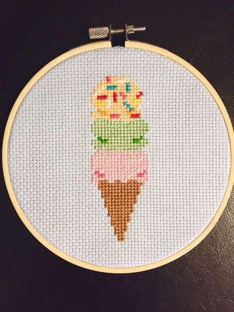 Ice cream cone cross stitch Ice Cream Cross Stitch Pattern, 4 Inch Hoop Cross Stitch Pattern, Dessert Cross Stitch, Ice Cream Cross Stitch, Cross Stitch Floss, Cross Stitch Quotes, Lace Knitting Patterns, Cross Stitch Bookmarks, Mini Cross Stitch