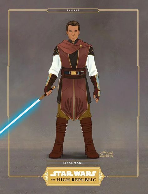 Realised I never shared my fan concept for Elzar Mann here. : Highrepublic Star Wars High Republic Concept Art, Casual Jedi Outfit, High Republic Jedi Robes, The High Republic Star Wars, High Republic Characters, High Republic Jedi, Old Republic Jedi, Star Wars High Republic, Jake Bartok