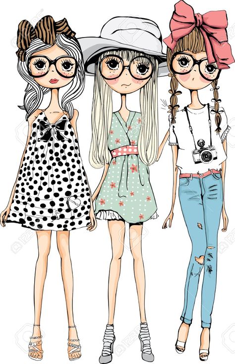 Three Girls, Art Mignon, Fashion Illustration Sketches, Art Et Illustration, Art And Illustration, Girls Illustration, Illustration Sketches, Cute Illustration, Girl Drawing