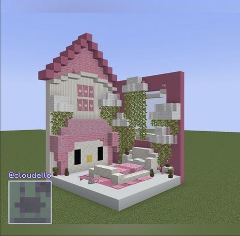 Mincraft Idea Houses Hello Kitty, Minecraft Building Ideas Hello Kitty, Cute Girly Minecraft Houses, My Melody Minecraft House, Minecraft Houses Kawaii, Hello Kitty Minecraft Builds, Pink Minecraft Bedroom, Cinnamoroll Minecraft, My Melody Minecraft