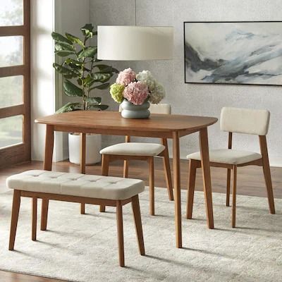 Dining Sets - Bed Bath & Beyond Mid Century Dining Table With Bench, Dining Table Benches And Chairs, Curated Aesthetic, Mid Century Modern Table, Solid Wood Dining Set, Mid Century Dining Chairs, Mid Century Dining, Mid Century Modern Home, Wood Dining Chairs