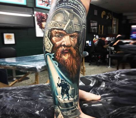 Gimli tattoo by Ben Kaye Gimli Tattoo, Lord Of The Rings Tattoo Design, Leg Tattoos Men, Lotr Sleeve, Hobbit Tattoo, Men Sketch, Interesting Tattoos, Lotr Tattoo, Lord Of The Rings Tattoo